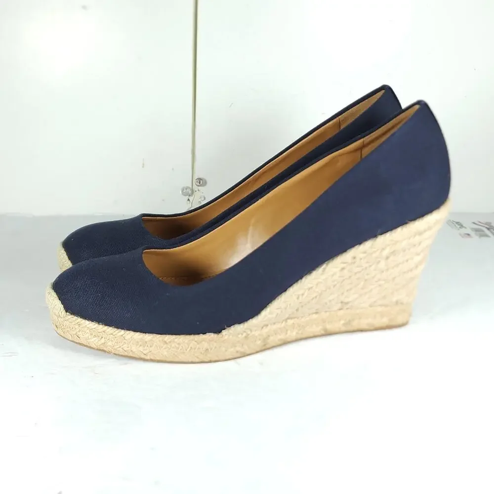 J. Crew Women's US 9 Canvas Navy Blue Wedge Pumps Espadrille Shoes New